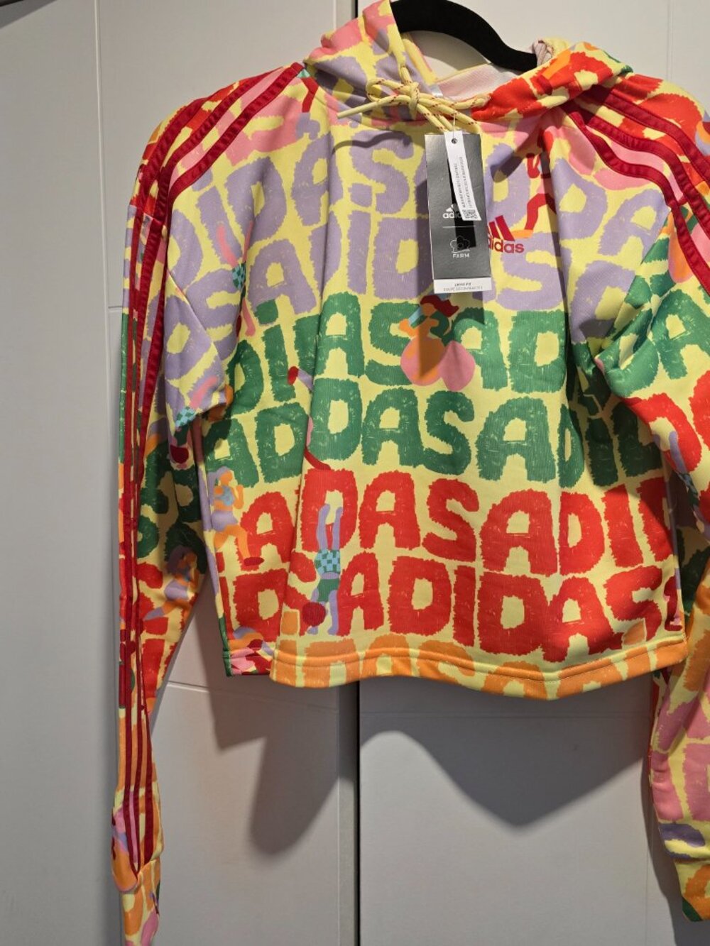 Women's adidas x FARM Rio 3-Stripes Hoodie (HS1196) SIZE XS Cropped NEW - Picture 3 of 5